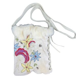 BCBG Max Azria floral embroidered crossbody satchel fur and suede bag - rare